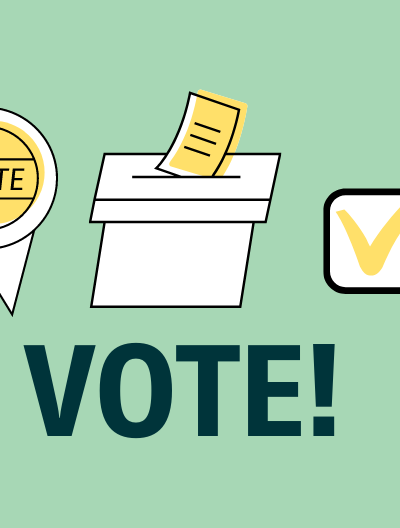 VOTE! voting badge, ballot box, and check mark